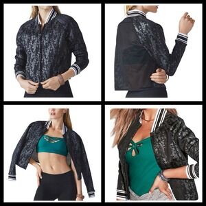 FABLETICS Tia Bomber Jacket Women M Black Petal Print Mesh Back Zip Up Sporty